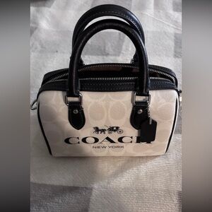 Coach White Signature Mini Satchel with Black Trim